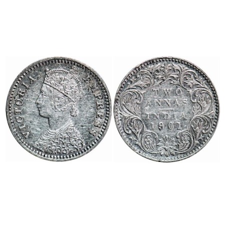 Victoria Empress, Silver, 2 Annas, 1901, Bombay Mint, B/I, 'B' incused. F. Prid 555. GK 81