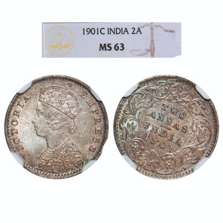 Victoria Empress, Silver, 2 Annas, 1901, Calcutta Mint, B/II, 'C' incused, 1 o'clock die r