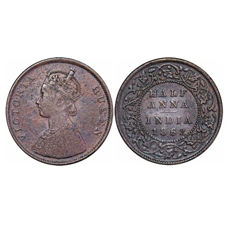 Victoria Queen, Copper, Half Anna, 1862, Madras Mint, A/I, Smudged type flowers, The Queen