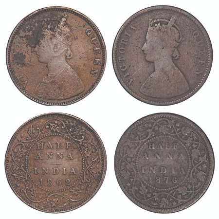 Victoria Queen, Copper, Half Anna, (2 coins), 1) 1862, Madras Mint, A/I, Flowers with 5 do