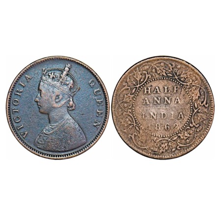 Victoria Queen, Copper, Half Anna, 1862, Bombay Mint, A/I, Smudged type flowers, The Queen