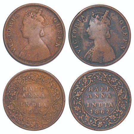 Victoria Queen, Copper, Half Anna, (2 coins), 1862, Bombay Mint, 1) A/I, Smudged Type flow