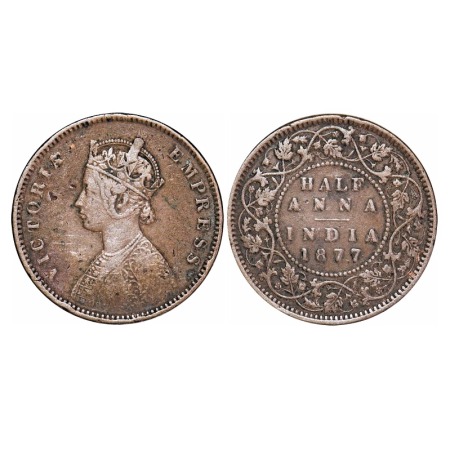 Victoria Empress, Copper, Half Anna, 1877, Bombay Mint, B/II. F. Prid 586. GK 820. Very Fi