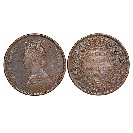 Victoria Empress, Copper, Half Anna, 1877, Calcutta Mint, C/II. F. Prid 585. GK 821. Almos