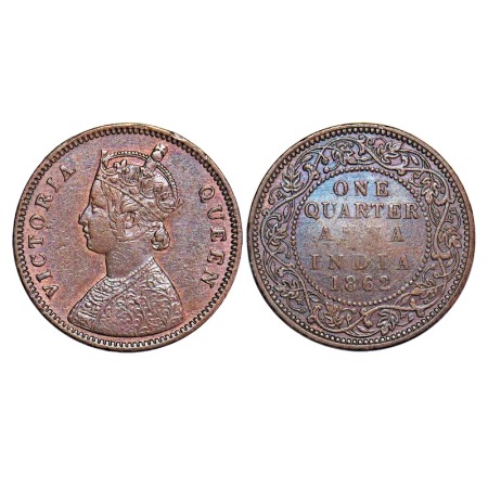 Victoria Queen, Copper, Quarter Anna, 1862, Bombay Mint, A/I, No mint mark, Tiny 'V' incus
