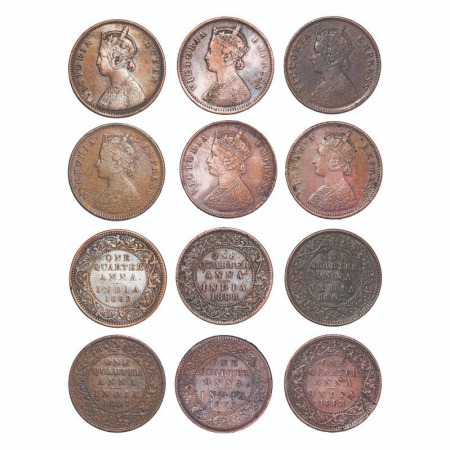 Victoria Queen & Empress, Copper, Quarter Anna, (lot of 6 coins), 1) 1862, Bombay Mint, A/