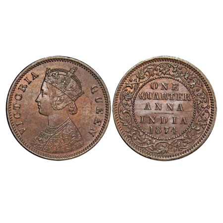 Victoria Queen, Copper, Quarter Anna, 1874, Calcutta Mint, B/II, No mint mark. F. Prid 608