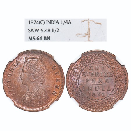 Victoria Queen, Copper, Quarter Anna, 1874, Calcutta Mint, B/II, No mint mark. F. Prid 608