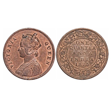 Victoria Queen, Copper, Quarter Anna, 1875, Bombay Mint, A/I, No mint mark. F. Prid 635. G
