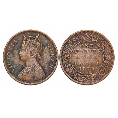 Victoria Queen, Copper, Quarter Anna, 1875, Bombay Mint, A/I, No mint mark. F. Prid 635. G