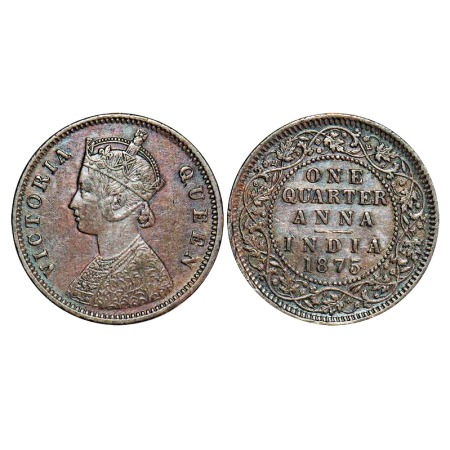 Victoria Queen, Copper, Quarter Anna, 1875, Calcutta Mint, B/II, No mint mark. F. Prid 609