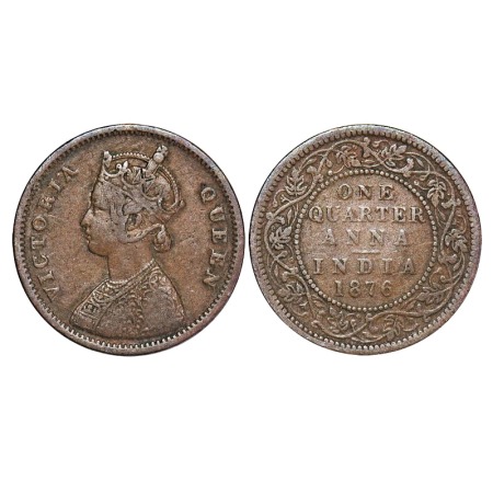 Victoria Queen, Copper, Quarter Anna, 1876, Bombay Mint, A/I, No mint mark. F. Prid 636. G