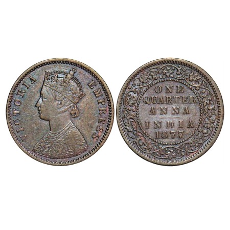 Victoria Empress, Copper, Quarter Anna, 1877, Calcutta Mint, B/II, No mint mark. F. Prid 6
