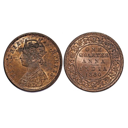 Victoria Empress, Copper, Quarter Anna, 1880, Calcutta Mint, B/II, 'C' incusced. F. Prid 6