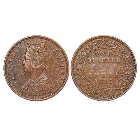Victoria Empress, Copper, Quarter Anna, 1883, Bombay Mint, B/I, No mint mark. F. Prid 639.