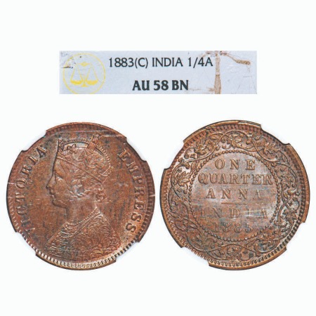 Victoria Empress, Copper, Quarter Anna, 1883, Calcutta Mint, B/II, 'C' incused. F. Prid 61