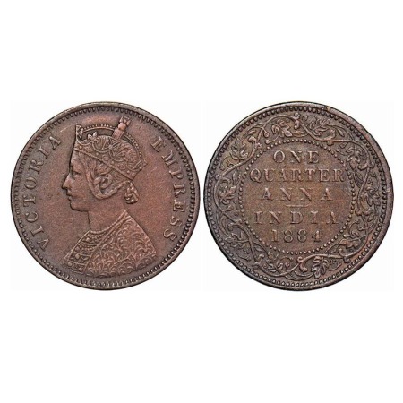 Victoria Empress, Copper, Quarter Anna, 1884, Bombay Mint, B/I, No mint mark. F. Prid 640.