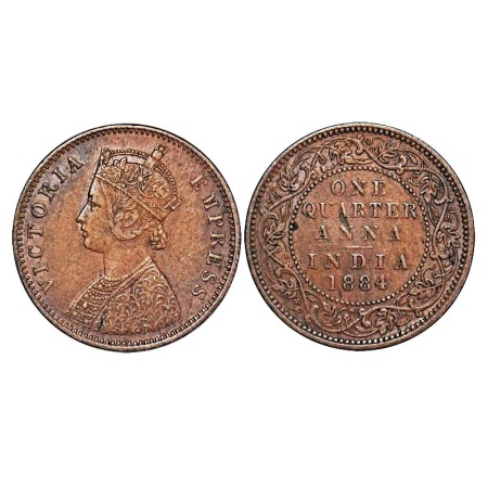 Victoria Empress, Copper, Quarter Anna, 1884, Calcutta Mint, B/I, No mint mark. F. Prid 64