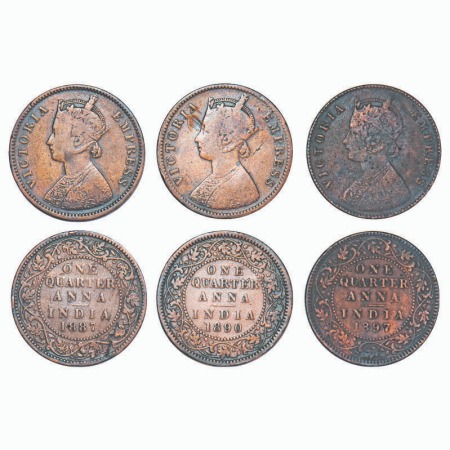 Victoria Empress, Copper, Quarter Anna, (3 coins), 1) 1887, Bombay Mint, B/I, No mint mark