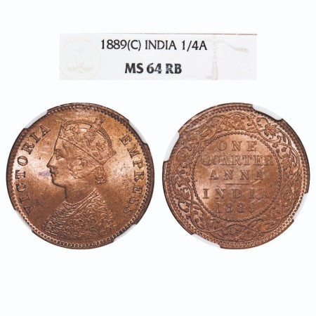 Victoria Empress, Copper, Quarter Anna, 1889, Calcutta Mint, B/II, No mint mark. F. Prid 6