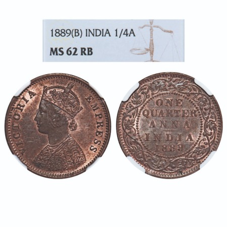 Victoria Empress, Copper, Quarter Anna, 1889, Bombay Mint, B/I, No mint mark. F. Prid. GK 