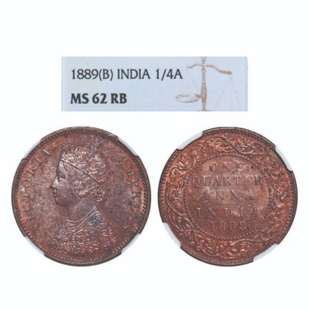 Victoria Empress, Copper, Quarter Anna, 1889, Bombay Mint, B/I, No mint mark. F. Prid 644.