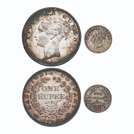 Victoria Queen, Silver, Rupee, 2 Annas, (2 coins), CL, 1) Rupee, 1840, Madras Mint, A/IV, 