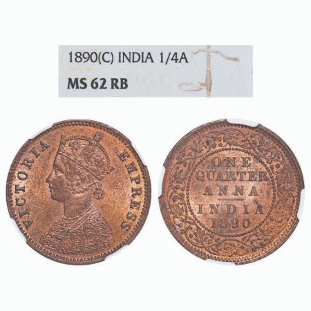 Victoria Empress, Copper, Quarter Anna, 1890, Calcutta Mint, B/II, No mint mark. F. Prid 6