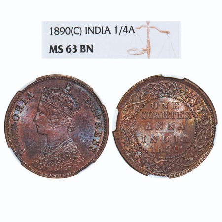 Victoria Empress, Copper, Quarter Anna, 1890, Calcutta Mint, B/II, No mint mark. F. Prid 6