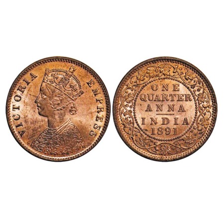 Victoria Empress, Copper, Quarter Anna, 1891, Calcutta Mint, B/II, No mint mark. F. Prid 6