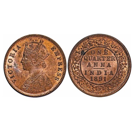 Victoria Empress, Copper, Quarter Anna, 1891, Calcutta Mint, B/II, No mint mark, Ghost on 