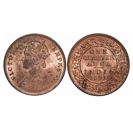 Victoria Empress, Copper, Quarter Anna, 1891, Calcutta Mint, B/II, No mint mark. F. Prid 6