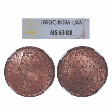 Victoria Empress, Copper, Quarter Anna, 1892, Calcutta Mint, B/II, No mint mark. F. Prid 6