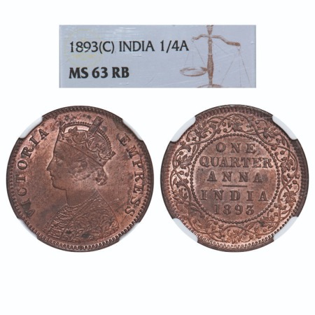 Victoria Empress, Copper, Quarter Anna, 1893, Calcutta Mint, B/II, No mint mark. F. Prid. 