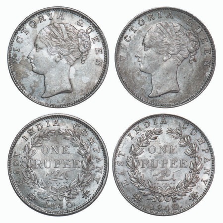 Victoria Queen, Silver, Rupee, 1840, CL, (2 coins), Bombay Mint, 1) A/I, Short neck, Engli