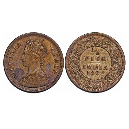 Victoria Queen, Copper, 1/2 Pice, 1862, Calcutta Mint, A/I, Numeral 1 of year has a short 