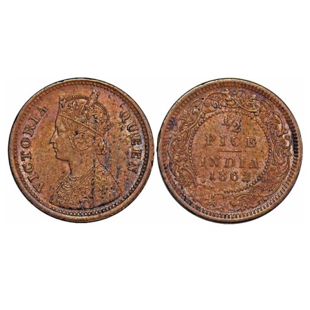 Victoria Queen, Copper, 1/2 Pice, 1862, Calcutta Mint, A/I, Numeral 1 of year has a short 