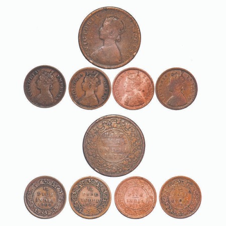 Victoria Queen & Empress, Copper, (lot of 5 coins), 1/2 Pice, 1) 1862, Calcutta Mint, A/I,