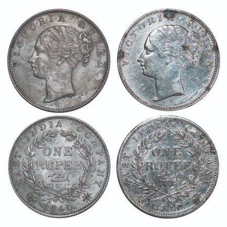 Victoria Queen, Silver, Rupee, 1840, CL, (2 coins), Bombay Mint, A/I, Short neck, English 