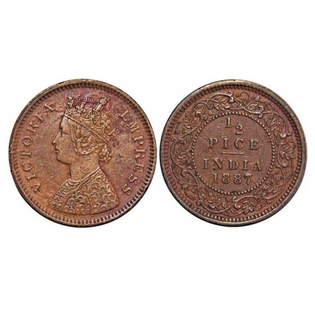 Victoria Empress, Copper, 1/2 Pice, 1887, Calcutta Mint, A/I, No mint mark, Ghost on Rev. 