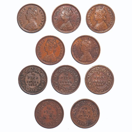 Victoria Empress, Copper, 1/2 Pice, (Lot of 5 coins), 1887, 1892, 1893, 1894, 1896, Calcut