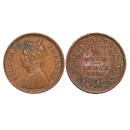 Victoria Empress, Copper, 1/2 Pice, 1888, Calcutta Mint, A/I, No mint mark, Ghost on Rev. 