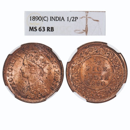 Victoria Empress, Copper, 1/2 Pice, 1890, Calcutta Mint, A/I, No mint mark. F. Prid 722. G
