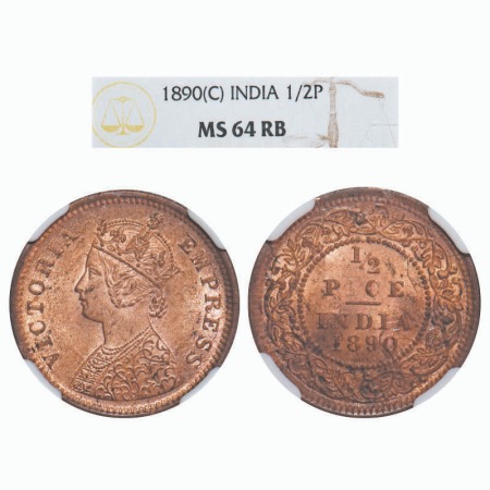 Victoria Empress, Copper, 1/2 Pice, 1890, Calcutta Mint, A/I, No mint mark. F. Prid 722. G