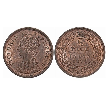 Victoria Empress, Copper, 1/2 Pice, 1894, Calcutta Mint, A/I, No mint mark. F. Prid 727. G
