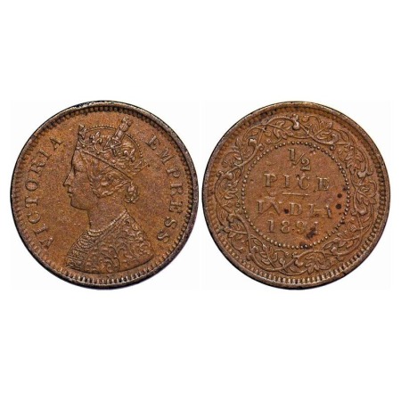 Victoria Empress, Copper, 1/2 Pice, 1894, Calcutta Mint, A/I, No mint mark, Ghost on Rev. 