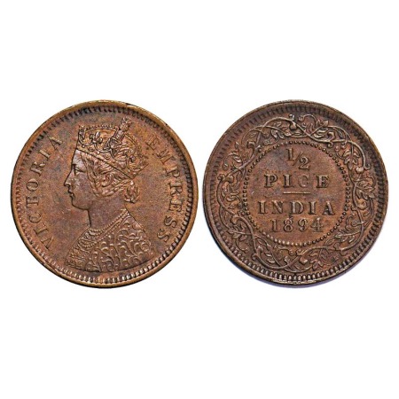 Victoria Empress, Copper, 1/2 Pice, 1894, Calcutta Mint, A/I, No mint mark, Die crack on O