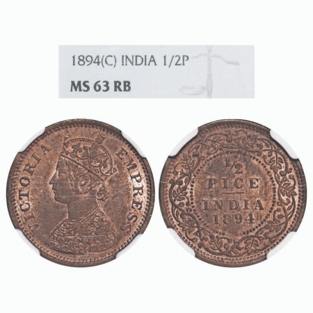 Victoria Empress, Copper, 1/2 Pice, 1894, Calcutta Mint, A/I, No mint mark. F. Prid 727. G