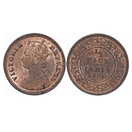 Victoria Empress, Copper, 1/2 Pice, 1900, Calcutta Mint, A/I, No mint mark. F. Prid 733. G