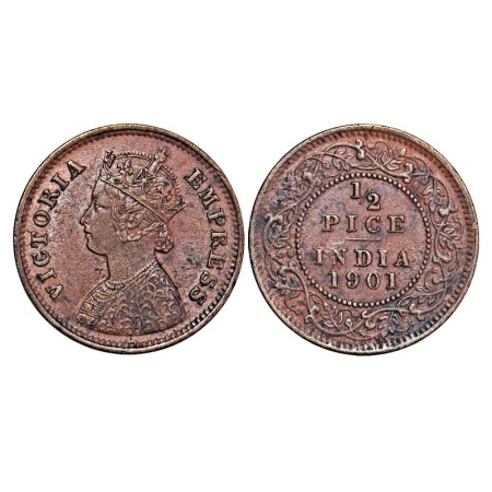 Victoria Empress, Copper, 1/2 Pice, 1901, Calcutta Mint, A/I, No mint mark, Die crack on O